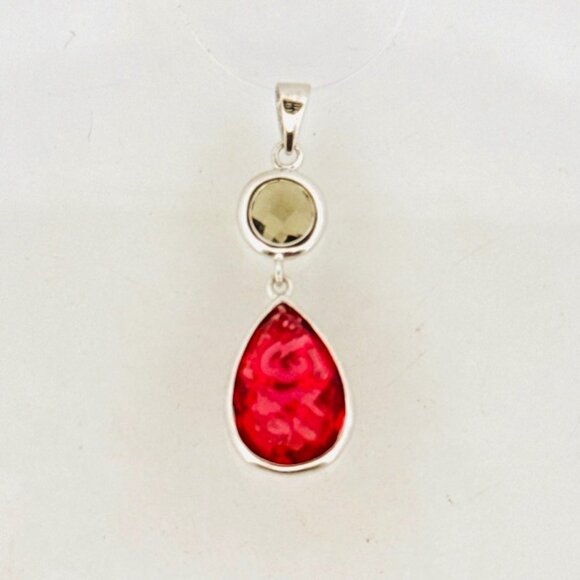 Sterling Silver Double-Sided Filigree Pear Pink & Clear Gemstone Dangle Pendant - Picture 5 of 10